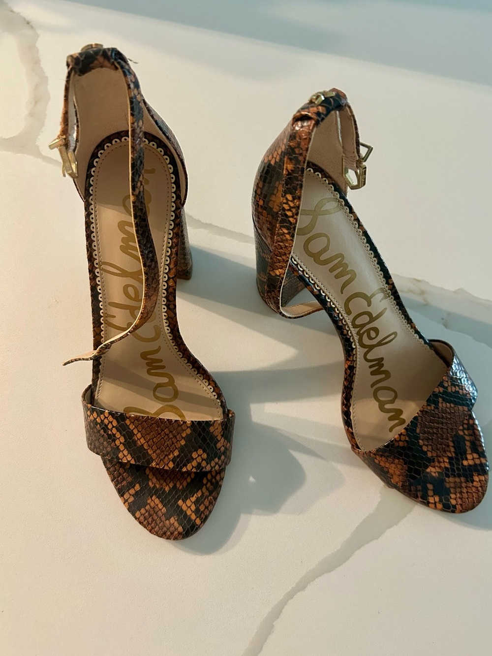 Sam Edelman Brown and Black Snake-Print Ankle-Strap Heels